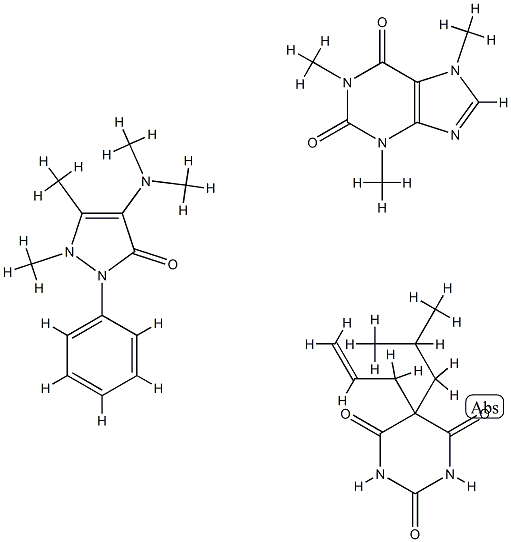 5-(2-メチルプロピル)-5-(2-プロペニル)-2,4,6(1H,3H,5H)-ピリミジントリオン/4-(ジメチルアミノ)-2,3-ジメチル-1-フェニル-3-ピラゾリン-5-オン/3,7-ジヒドロ-1,3,7-トリメチル-1H-プリン-2,6-ジオン 化学構造式