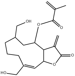 2-メチルプロペン酸[2,3,3a,4,5,6,7,8,9,11a-デカヒドロ-6,10-ビス(ヒドロキシメチル)-3-メチレン-2-オキソシクロデカ[b]フラン-4-イル] 化学構造式