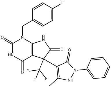 1H-Pyrrolo[2,3-d]pyrimidine-2,4,6(3H)-trione,5-(2,5-dihydro-3-methyl-5-oxo-1-phenyl-1H-pyrazol-4-yl)-1-[(4-fluorophenyl)methyl]-5,7-dihydro-5-(trifluoromethyl)-(9CI) Struktur