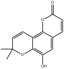 6-ヒドロキシ-8,8-ジメチル-2H,8H-ベンゾ[1,2-b:3,4-b']ジピラン-2-オン 化学構造式