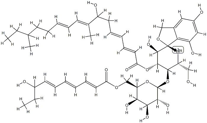 1,1-O-(4,6-Dihydroxy-1,2-phenylenemethylene)-4-O-[6-O-(8-hydroxy-1-oxodeca-2,4,6-trienyl)-β-D-galactopyranosyl]-α-D-glucopyranose 3-(7-hydroxy-8,14-dimethylhexadeca-2,4,8,10-tetraenoate)|阜孢假丝菌素 C