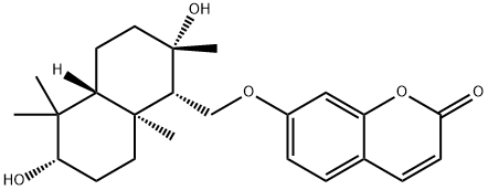 (+)-7-[[(1S,4aα)-Decahydro-2,5,5,8aβ-tetramethyl-2β,6β-dihydroxynaphthalene-1β-yl]methoxy]-2H-1-benzopyran-2-one Structure