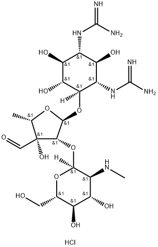 4-O-[2-O-[2-(メチルアミノ)-2-デオキシ-α-L-グルコピラノシル]-3-ホルミル-5-デオキシ-α-L-リキソフラノシル]-N,N'-ビス(アミノイミノメチル)-D-ストレプタミン·3塩酸塩 化学構造式
