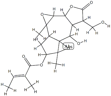 2-Methyl-2-butenoic acid [decahydro-8-hydroxy-7-hydroxymethyl-1a,3b-dimethyl-6-oxo-3H-bisoxireno[3,3a:7,8]azuleno[6,5-b]furan-2-yl] ester Struktur