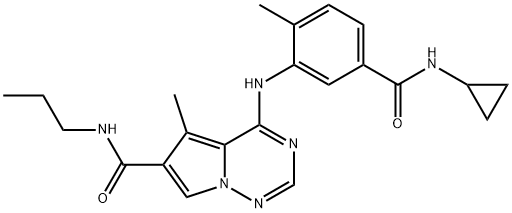 N-プロピル-4-(2-メチル-5-(シクロプロピルカルバモイル)アニリノ)-5-メチルピロロ[2,1-f][1,2,4]トリアジン-6-カルボアミド 化学構造式