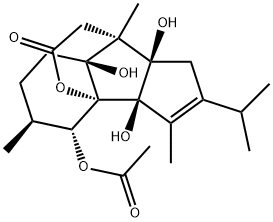 (3aR)-3a,4,5,6,7,7a,8,8a-Octahydro-3aβ,7aβ,8aβ-trihydroxy-4α-acetoxy-3,5β,8-trimethyl-2-isopropyl-1H-3bα,8α-(epoxyethano)cyclopent[a]inden-10-one Struktur