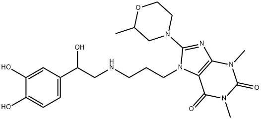 7-[3-[[2-(3,4-Dihydroxyphenyl)-2-hydroxyethyl]amino]propyl]-8-(2-methylmorpholino)theophyline Struktur
