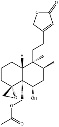 4-[2-[(1R)-8aα-Acetoxymethyl-3,4,4aβ,5,6,7,8,8a-octahydro-8α-hydroxy-5α,6α-dimethylspiro[naphthalene-1(2H),2'-oxiran]-5-yl]ethyl]furan-2(5H)-one Struktur