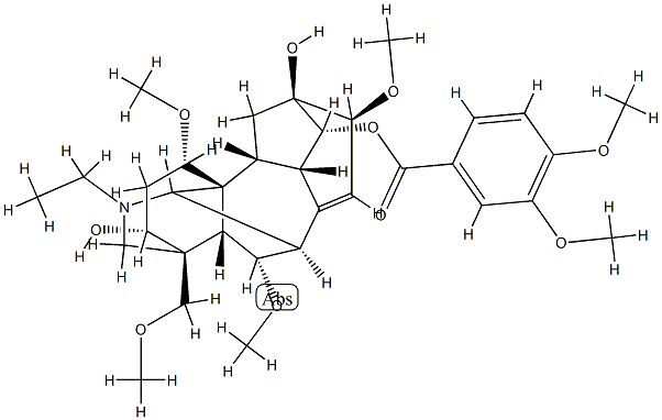 8,15-ジデヒドロ-20-エチル-1α,6α,16β-トリメトキシ-4-メトキシメチルアコニタン-3α,13,14α-トリオール14-(3,4-ジメトキシベンゾアート) 化学構造式