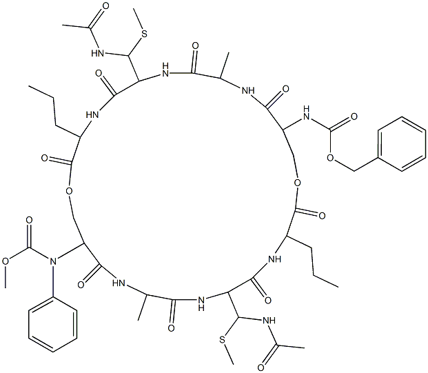 benzyl N-[6,19-bis(acetamidomethylsulfanylmethyl)-9,22-dimethyl-2,5,8, 11,15,18,21,24-octaoxo-25-phenylmethoxycarbonylamino-3,16-dipropyl-1,1 4-dioxa-4,7,10,17,20,23-hexazacyclohexacos-12-yl]carbamate Struktur