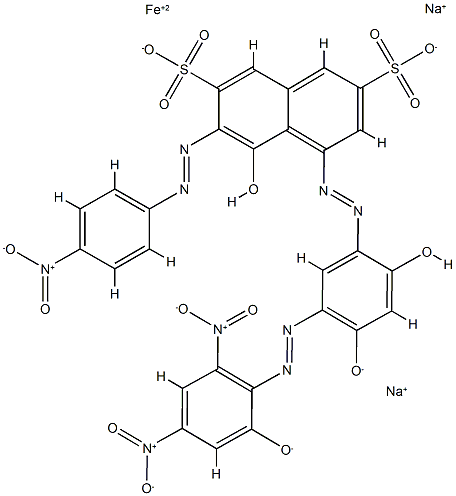 Ferrate(2-), [5-[[2,4-dihydroxy-5-[(2- hydroxy-4,6-dinitrophenyl)azo]phenyl]azo]-4-hydroxy -3-[(4-nitrophenyl)azo]-2,7-naphthalenedisulfonat o(4-)]-, disodium Struktur