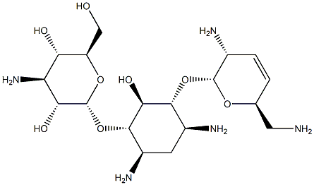 6-O-(3-Amino-3-deoxy-α-D-glucopyranosyl)-4-O-[(2R)-3α-amino-6β-(aminomethyl)-3,6-dihydro-2H-pyran-2α-yl]-2-deoxy-D-streptamine Struktur