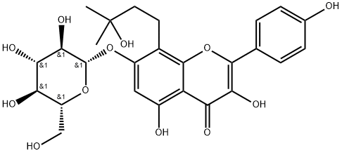 7-(β-D-グルコピラノシルオキシ)-3,5-ジヒドロキシ-8-(3-ヒドロキシ-3-メチルブチル)-2-(4-ヒドロキシフェニル)-4H-1-ベンゾピラン-4-オン 化学構造式