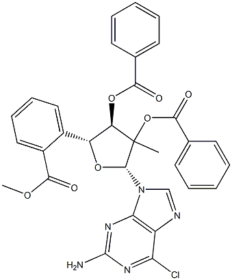 6-氯-9-(2,3,5-三-O-苯甲酰基-2-C-甲基-BETA-D-呋喃核糖基)-9H-嘌呤-2-胺, 641571-44-0, 结构式