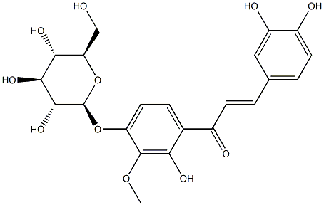 (E)-4'-(β-D-グルコピラノシルオキシ)-3'-メトキシ-2',3,4-トリヒドロキシカルコン 化学構造式