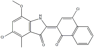 5-クロロ-2-[4-クロロ-1-オキソナフタレン-2(1H)-イリデン]-7-メトキシ-4-メチル-1H-インドール-3(2H)-オン 化学構造式