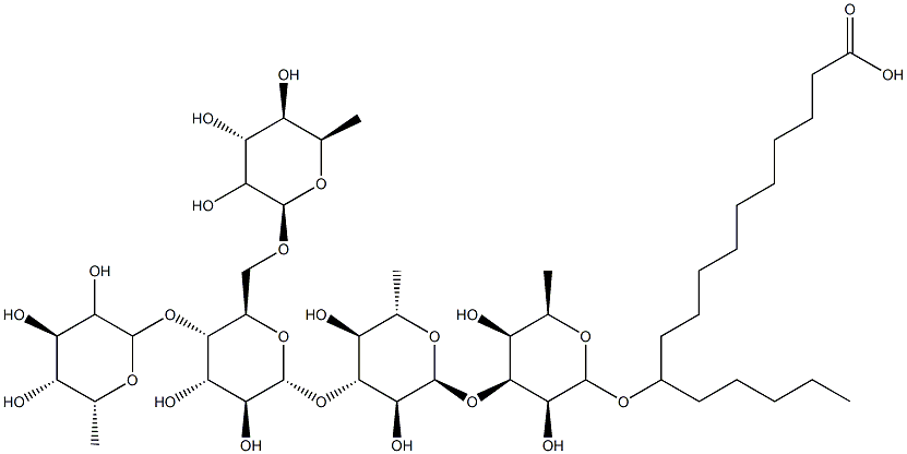 11-[[3-O-[3-O-[4-O,6-O-Bis(6-deoxy-α-L-mannopyranosyl)-β-D-glucopyranosyl]-6-deoxy-α-L-mannopyranosyl]-6-deoxy-β-D-galactopyranosyl]oxy]hexadecanoic acid 结构式