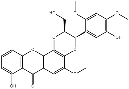 (2S)-2,3-Dihydro-8-hydroxy-3α-(5-hydroxy-2,4-dimethoxyphenyl)-2β-(hydroxymethyl)-5-methoxy-7H-1,4-dioxino[2,3-c]xanthen-7-one Struktur