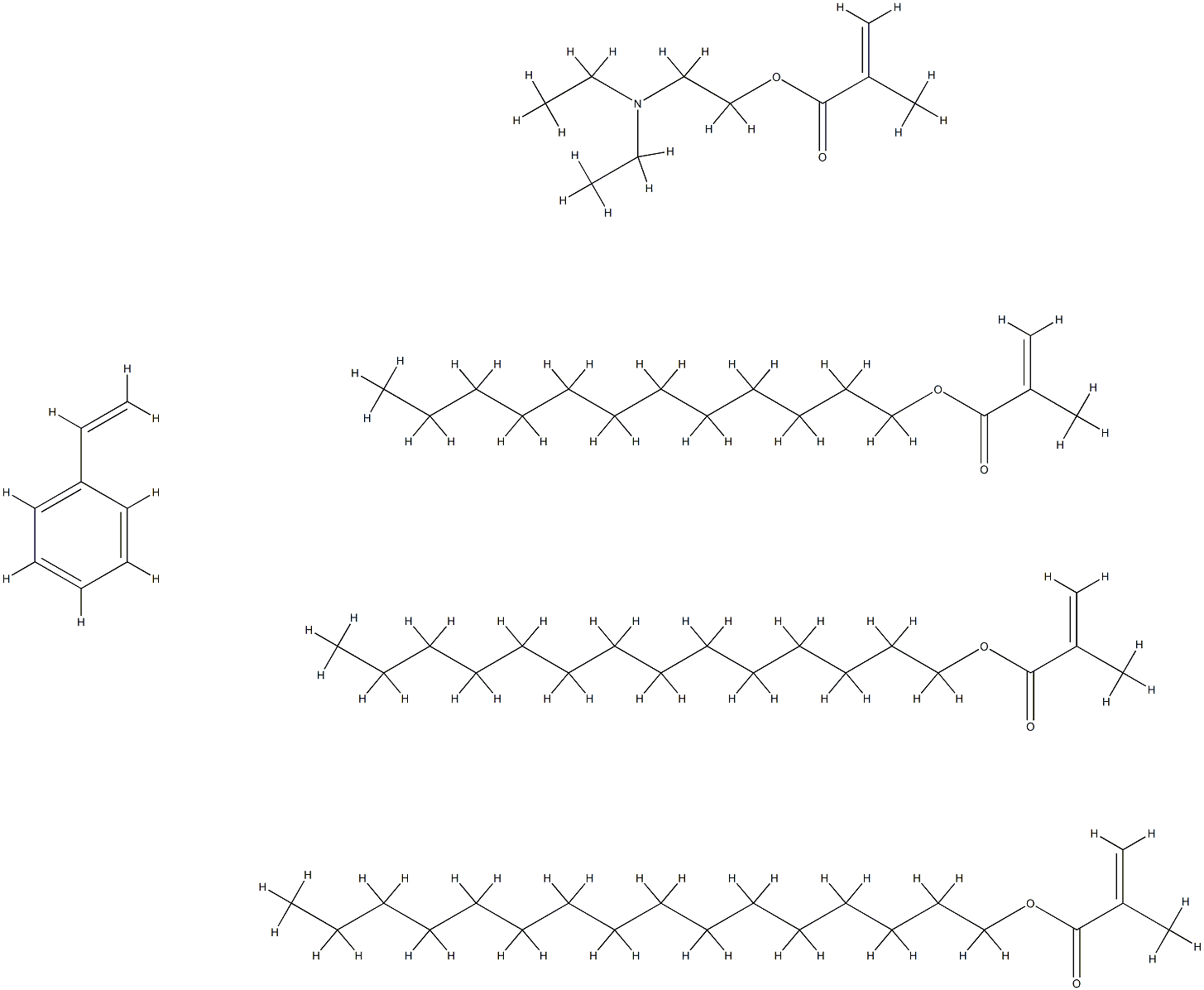 2-Propenoic acid, 2-methyl-, 2-(diethylamino)ethyl ester, polymer with dodecyl 2-methyl-2-propenoate, ethenylbenzene, hexadecyl 2-methyl-2-propenoate and tetradecyl 2-methyl-2-propenoate,64399-38-8,结构式
