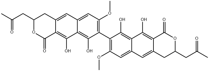 7,7'-Dimethoxy-3,3'-bis(2-oxopropyl)-3,3',4,4'-tetrahydro-9,9',10,10'-tetrahydroxy-8,8'-bi[1H-naphtho[2,3-c]pyran]-1,1'-dione Struktur