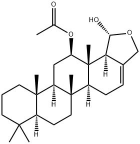 (1R)-5bβ,8,8,11aβ,13aβ-ペンタメチル-13β-アセトキシ-1,3,5,5aα,5b,6,7,7aα,8,9,10,11,11a,11bα,12,13,13a,13bα-オクタデカヒドロクリセノ[1,2-c]フラン-1α-オール 化学構造式