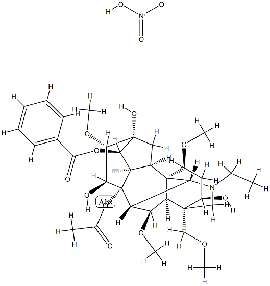 Aconitane-3,8,13,14,15-pentol, 20-ethyl-1,6,16-trimethoxy-4-(methoxymethyl)-, 8-acetate 14-benzoate, (1.alpha.,3.alpha.,6.alpha.,14.alpha.,15.alpha.,16.beta.)-, nitrate (salt) Struktur