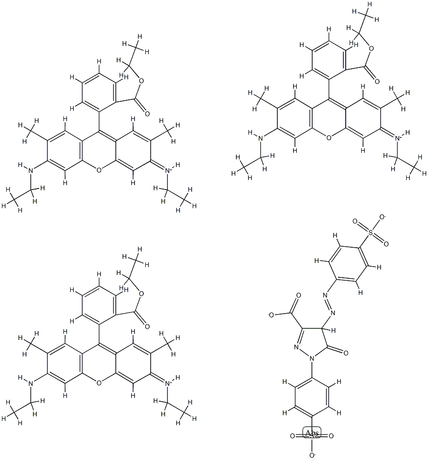 9-[2-(乙氧羰基)苯基]-3,6-二(乙氨基)-2,7-二甲基占吨翁、4,5-二氢-5-氧代-1-(4-磺基苯基)-4-[(4-磺基苯基)偶氮]-1H-吡唑-3-甲酸的盐, 65138-66-1, 结构式
