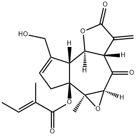 (E)-2-Methyl-2-butenoic acid (3aS)-3b,4aβ,5,5aα,6,7,8aβ,8bα-octahydro-1-(hydroxymethyl)-3bβ-methyl-6-methylene-5,7-dioxooxireno[7,8]azuleno[4,5-b]furan-3aα(3H)-yl ester Struktur