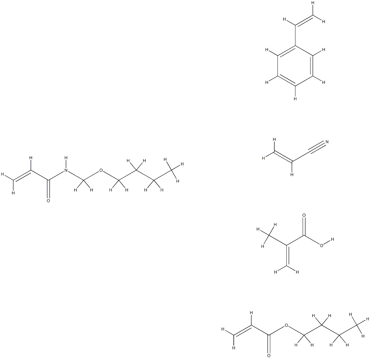 2-Propenoic acid, 2-methyl-, polymer with N-(butoxymethyl)-2-propenamide, butyl 2-propenoate, ethenylbenzene and 2-propenenitrile Structure