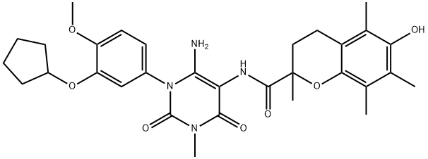 2H-1-Benzopyran-2-carboxamide,  N-[6-amino-1-[3-(cyclopentyloxy)-4-methoxyphenyl]-1,2,3,4-tetrahydro-3-methyl-2,4-dioxo-5-pyrimidinyl]-3,4- Structure