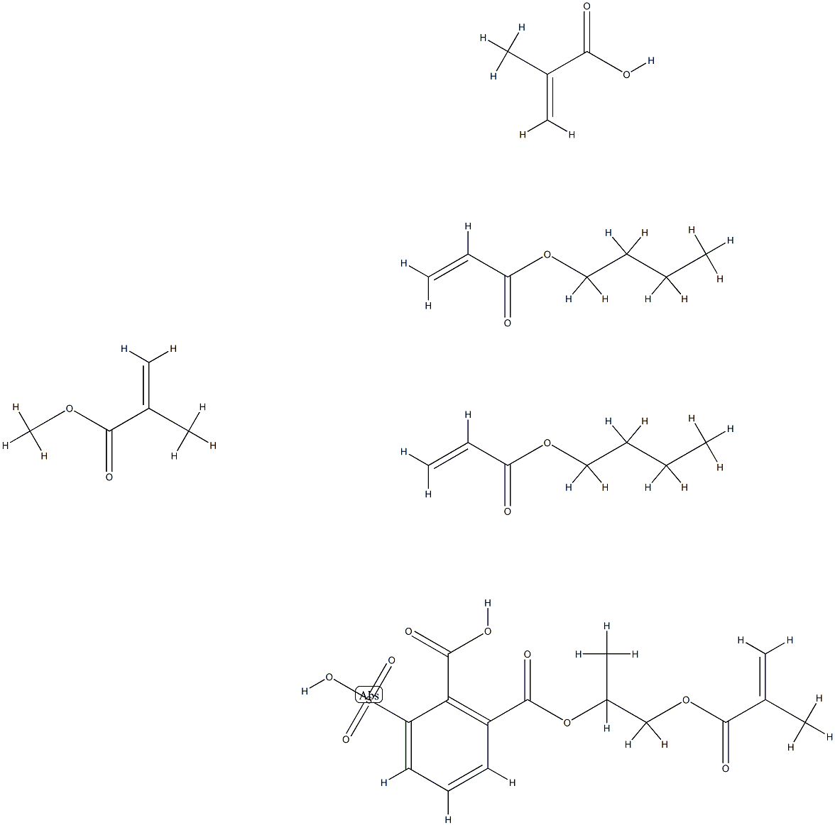 3(or 4)-Sulfo-1,2-benzenedicarboxylic acid, 1-[1-methyl-2-[(2-methyl-1-oxo-2-propenyl)oxy]ethyl]ester polymer with butyl 2-methyl-2-propenoate, butyl 2-propenoate, methyl 2-methyl-2-propenoate and 2-methyl-2-propenoic acid 结构式