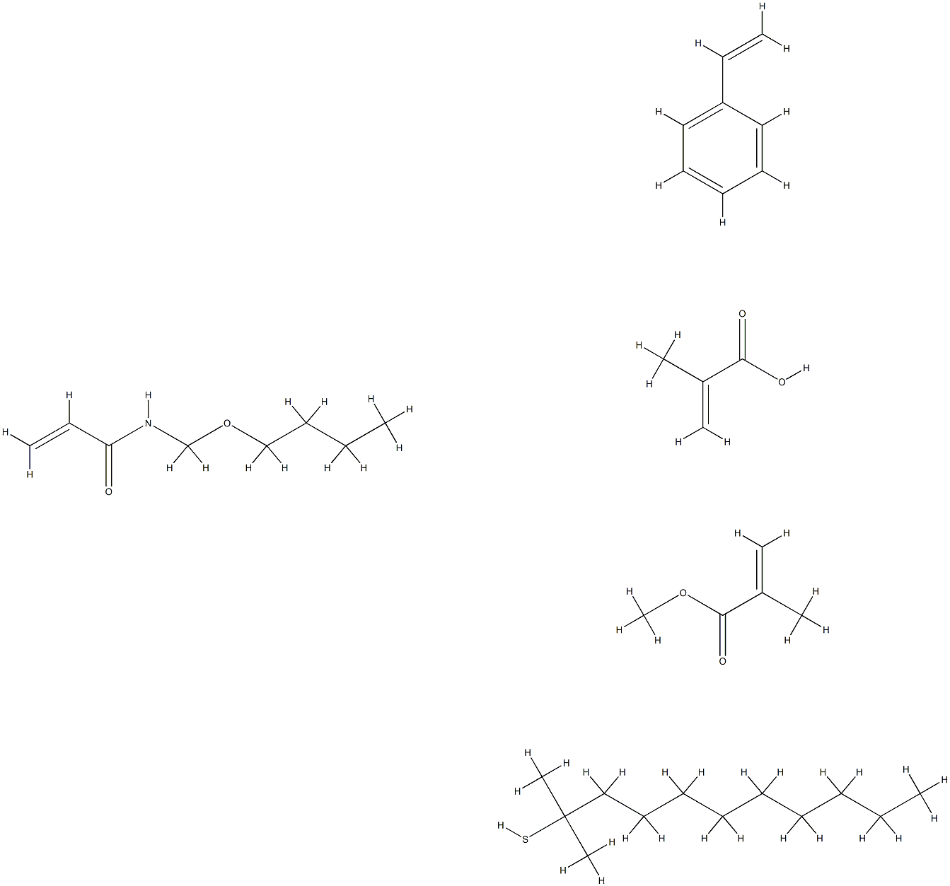 2-Propenoic acid, 2-methyl-, telomer with N-(butoxymethyl)-2-propenamide, tert-dodecanethiol, ethenylbenzene and methyl 2-methyl-2-propenoate Struktur