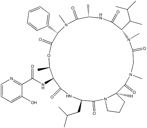 N-(3-ヒドロキシ-2-ピリジニルカルボニル)-シクロ[L-Thr*-D-Leu-D-Pro-Sar-N-メチル-2-(1,2-ジメチルプロピル)L-Gly-L-Ala-N-メチル-L-フェニルGly-] 化学構造式