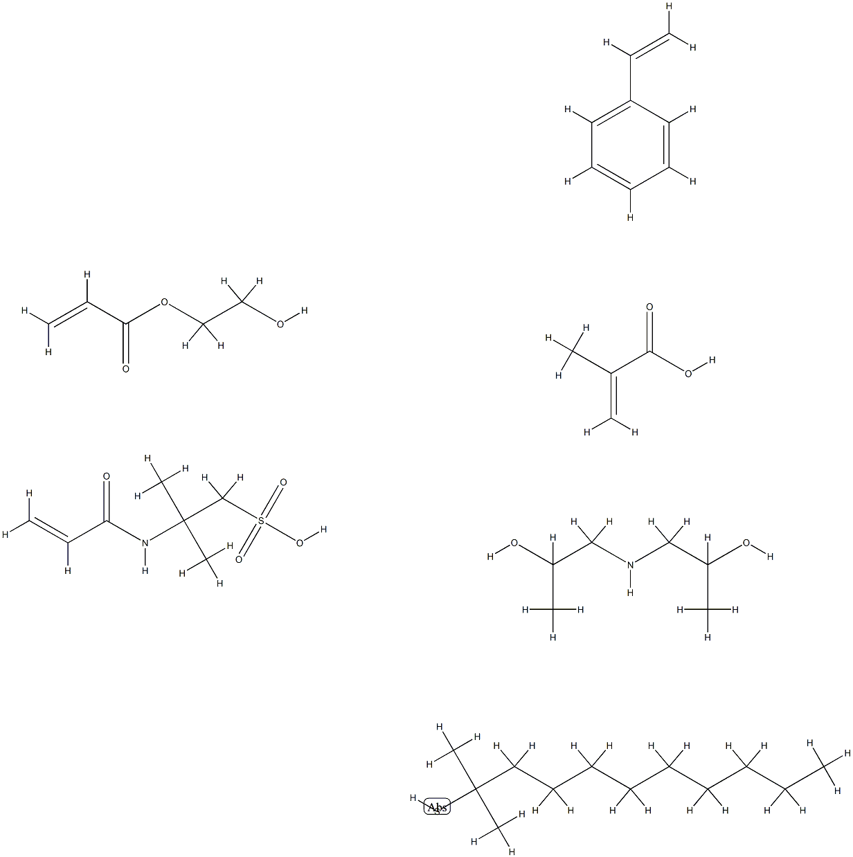 2-Propenoic acid, 2-methyl-, telomer with butyl 2-propenoate, tert-dodecanethiol, ethenylbenzene, 2-hydroxyethyl 2-propenoate and 2-methyl-2-[(1-oxo-2-propenyl) amino]-1-propanesulfonic acid, compd. with 1,1'-iminobis[2-propanol] Struktur