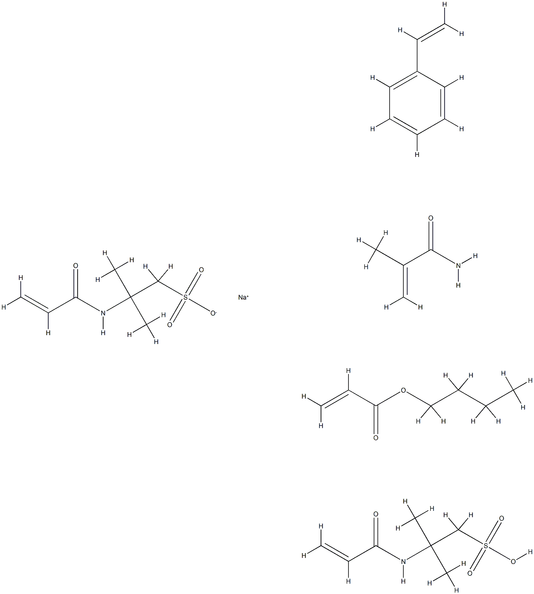 2-Propenoic acid, butyl ester, polymer with ethenylbenzene, 2-methyl-2-[(1-oxo-2-propenyl) amino]-1-propanesulfonic acid, 2-methyl-2-[(1-oxo-2-propenyl) amino]-1-propanesulfonic acid monosodium salt and 2-methyl-2-propenamide,66142-17-4,结构式