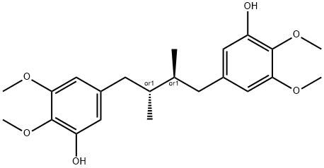 rel-3,3'-[(2R*,3S*)-2,3-ジメチル-1,4-ブタンジイル]ビス(5,6-ジメトキシフェノール) 化学構造式
