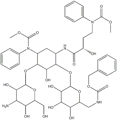 O-3-Amino-3-deoxy-α-D-glucopyranosyl-(1→6)-O-[6-deoxy-6-[[(phenylmethoxy)carbonyl]amino]-α-D-glucopyranosyl-(1→4)]-2-deoxy-N1-[(2S)-2-hydroxy-1-oxo-4-[[(phenylmethoxy)carbonyl]amino]butyl]-N3-[(phenylmethoxy)carbonyl]-D-Streptamine Structure