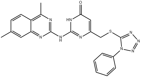 2-[(4,7-dimethyl-2-quinazolinyl)amino]-6-{[(1-phenyl-1H-tetraazol-5-yl)thio]methyl}-4(1H)-pyrimidinone Struktur
