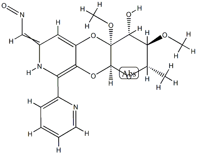 (2S)-3,4,4a,10aβ-テトラヒドロ-4β-ヒドロキシ-3α,4aβ-ジメトキシ-2β-メチル-9-(2-ピリジニル)-2H-ピラノ[3',2':5,6][1,4]ジオキシノ[2,3-c]ピリジン-7-カルボアルデヒド(E)-オキシム 化学構造式