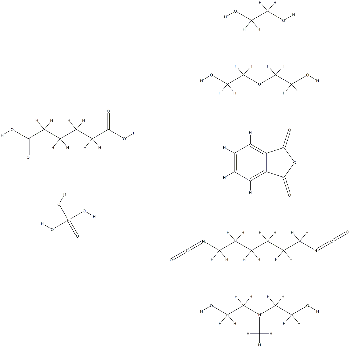 Hexanedioic acid, polymer with 1,6-diisocyanatohexane, 1,2-ethanediol, 1,3-isobenzofurandione, 2,2-(methylimino)bisethanol and 2,2-oxybisethanol, phosphate (salt) Struktur