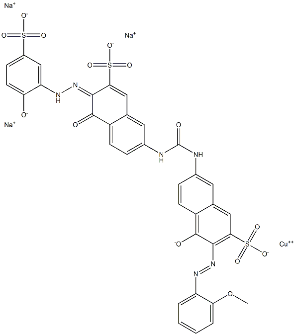 trisodium [4-hydroxy-7-[[[[5-hydroxy-6-[(2-hydroxy-5-sulphophenyl)azo]-7-sulpho-2-naphthyl]amino]carbonyl]amino]-3-[(2-methoxyphenyl)azo]naphthalene-2-sulphonato(5-)]cuprate(3-) Structure