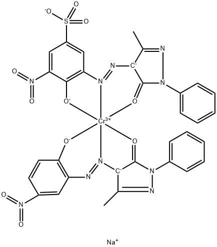 Chromate(2-), [2,4-dihydro-4-[(2-hydroxy-5-nitrophenyl)azo]-5-methyl-2-phenyl-3H-pyrazol-3-onato(2-)][3-[(4,5-dihydro-3-methyl-5-oxo-1-phenyl-1H-pyrazol-4-yl)azo]-4-hydroxy-5-nitrobenzenesulfonato(3-)]-, disodium  Struktur