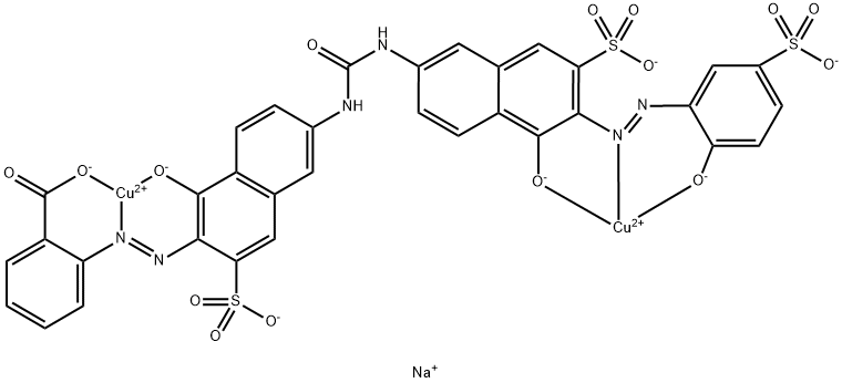 trisodium [mu-[2-[[1-hydroxy-6-[[[[5-hydroxy-6-[(2-hydroxy-5-sulphophenyl)azo]-7-sulpho-2-naphthyl]amino]carbonyl]amino]-3-sulpho-2-naphthyl]azo]benzoato(7-)]]dicuprate(3-) Structure