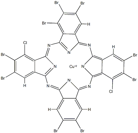(SP-4-2)-1,2,3,9,10,16,17,23,24-九溴代-11,25-二氯代-29H,31H-酞菁根合-N29,N30,N31,N32-铜 结构式