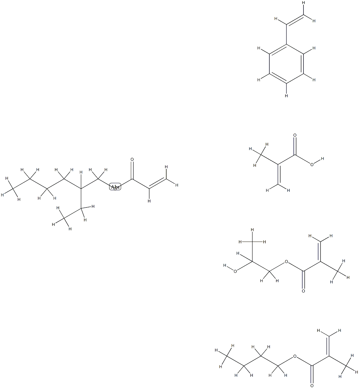 2-Propenoic acid, 2-methyl-, polymer with butyl 2-methyl-2-propenoate, ethenylbenzene, 2-ethylhexyl 2-propenoate and 1,2-propanediol mono(2-methyl-2-propenoate),68541-58-2,结构式