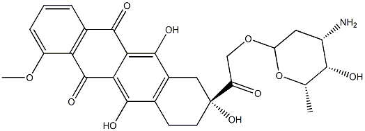 (R)-8-(((3-Amino-2,3,6-trideoxy-alpha-L-lyxo-hexopyranosyl)oxy)acetyl) -7,8,9,10-tetrahydro-6,8,11-trihydroxy-1-methoxy-5,12-naphthacenedione 化学構造式