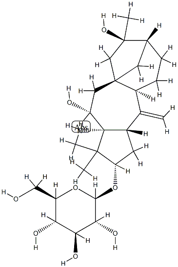 [5,6β,16-トリヒドロキシグラヤノトキサ-10(20)-エン-3β-イル]β-D-グルコピラノシド 化学構造式