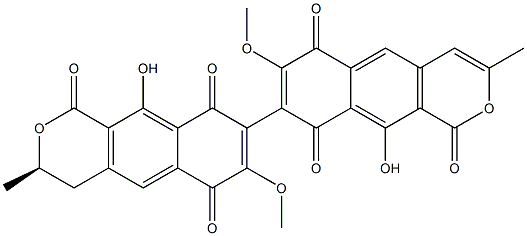 (3R)-3,4-Dihydro-10,10'-dihydroxy-7,7'-dimethoxy-3α,3'-dimethyl-8,8'-bi[1H-naphtho[2,3-c]pyran]-1,1',6,6',9,9'-hexone Struktur