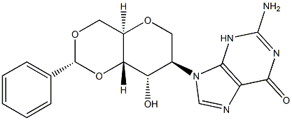 2-(2-氨基-1,6-二氢-6-氧代-9H-嘌呤-9-基)-1,5-脱水-2-脱氧-4,6-O-[(R)-苯基亚甲基]-D-阿卓糖醇 结构式