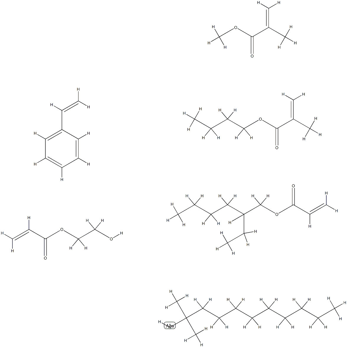 2-Propenoic acid, 2-methyl-, butyl ester, telomer with tert-dodecanethiol, ethenylbenzene, 2-ethylhexyl 2-propenoate, 2-hydroxyethyl 2-propenoate and methyl 2-methyl-2-propenoate Struktur
